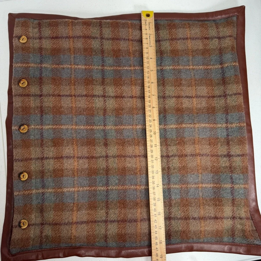 VTG Ralph Lauren Pillow Sham Bedford Hunt Plaid Wool Leather Trim Wood Buttons